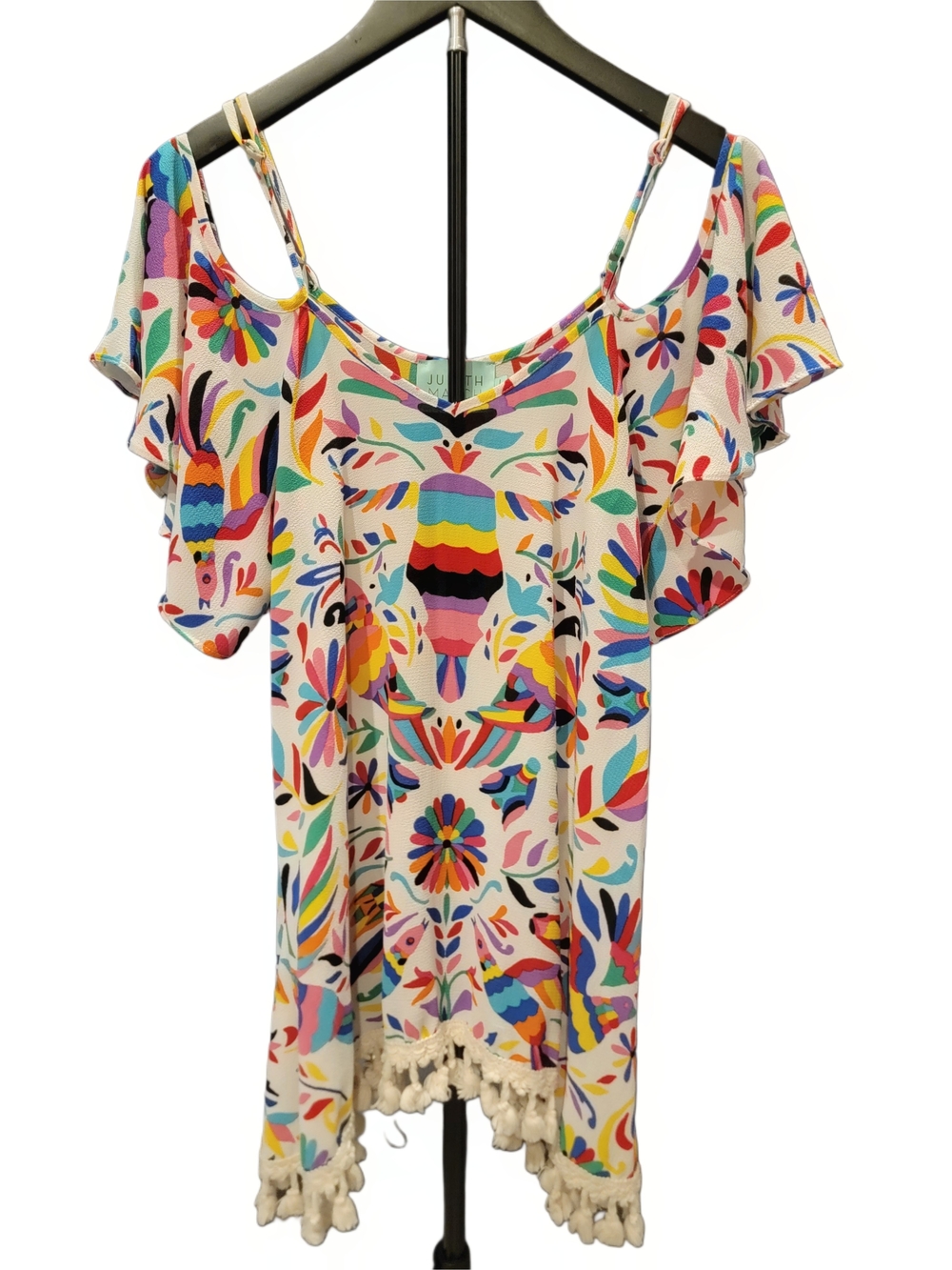 Judith March Multicolor Floral Cold-Shoulder Tunic with Tassel Hem - Size L -EUC
